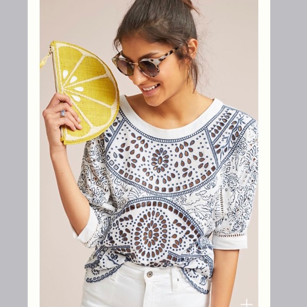 Anthropologie Maeve Blue White Ester embroidery XS